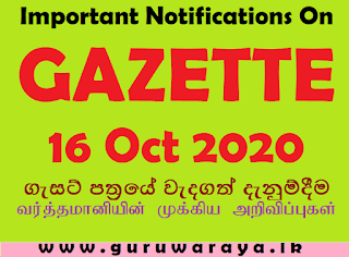 Important Notifications on Gazette (16 Oct 2020)