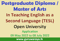 Postgraduate Diploma /  Master of Arts  In Teaching English as a Second Language (TESL)