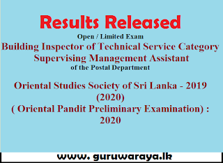 Results Released : (Building Inspector , Postal Department & Oriental Pandit)